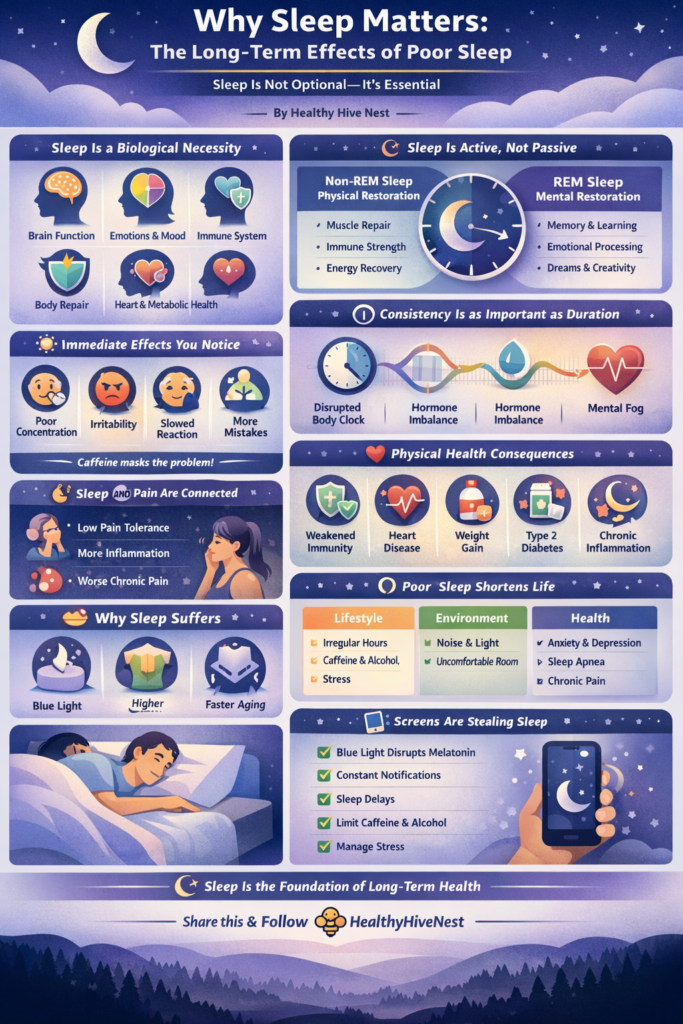 Why Sleep Matters The Long-Term Effects of Poor Sleep By health Hive Nest Infographics